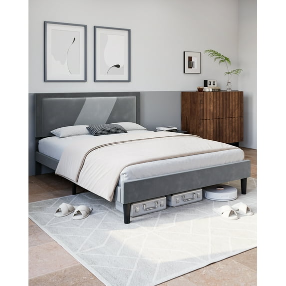 BEKAY Full Bed Frame, Tufted Platform Bed Frame with Adjustable Height Headboard, Velvet Mix Color Upholstered Bed Frame, Gray