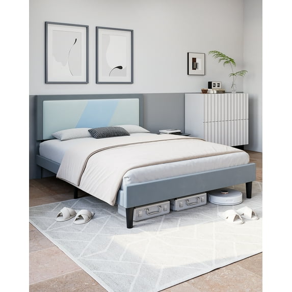 BEKAY King Bed Frame, Tufted Platform Bed Frame with Adjustable Height Headboard, Velvet Mix Color Upholstered Bed Frame, Beige