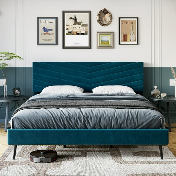 BEKAY King Size Bed Frame, Velvet Platform Bed Frame with Adjustable Headboard,Wood Slats Support, No Box Spring Needed