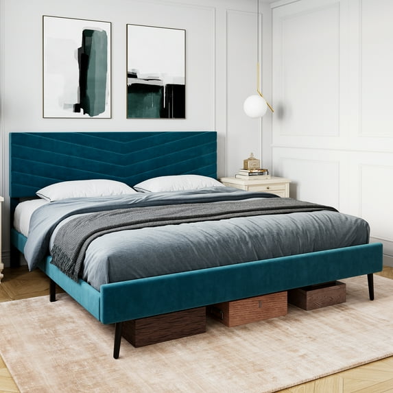 BEKAY Queen Size Bed Frame, Velvet Platform Bed Frame with Adjustable Headboard, Wood Slats Support, No Box Spring Needed