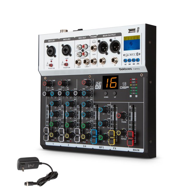 BEKBOES Professional Audio Mixer, 4 Channel, Input 48V Phantom Power