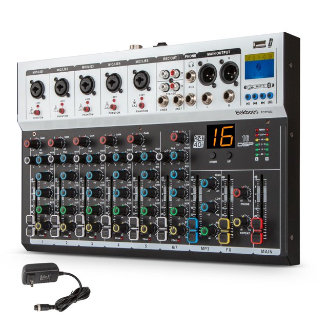 BEKBOES Professional Audio Mixer, 7 Channel, Input 48V Phantom Power