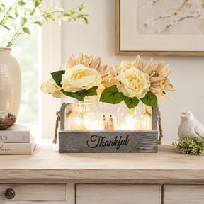 BEKITCHEN Mason Jar Table Centerpiece Decor for Dining Room Coffee Table with 2 LED Jars & Flowers