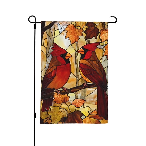 BEKOU Fall Cardinal Birds Garden Flag, Stained Glass Style Autumn Maple Leaves Yard Flag, Burlap Textured Double Sided Seasonal House Flag for Outdoor Yard Garden Decoration 12x18 Inch