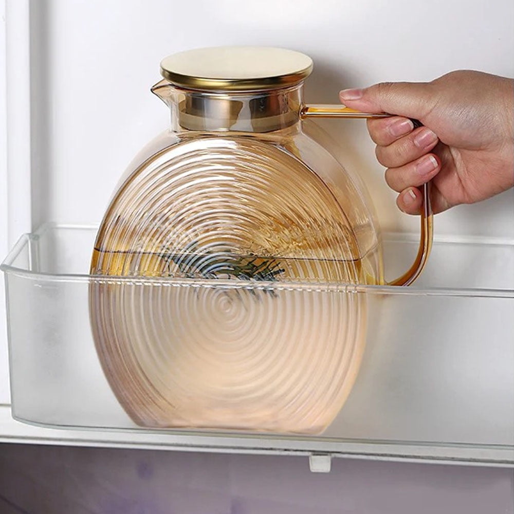 BEKWS Glass Hot & Cold Beverage Pitcher with Stainless Steel Gold Lid, 2.5L, Borosilicate Glass