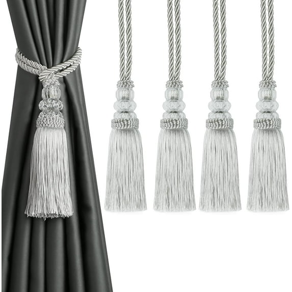 BEL AVENIR 4 Pack Tassel Curtain Tieback Crystal Hanging Ball Rope Silver