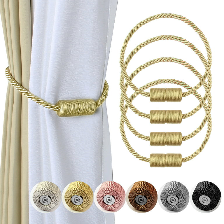 Bel Avenir 4 Pack Magnetic Curtain Clip Gold Rope Buckle Holder Tiebacks, Size: Total Length: 49 cm, Magnetic Diameter: 2.7 cm.
