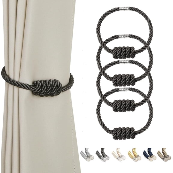 BEL AVENIR 4Pack Magnetic Curtain Tieback Clip Polyester Braided Knot Rope Charcoal