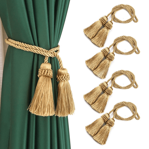 BEL AVENIR 4Pcs Curtain Tiebacks Tassel Rope Holdbacks Handmade Home Decorative Hangings (Gold)