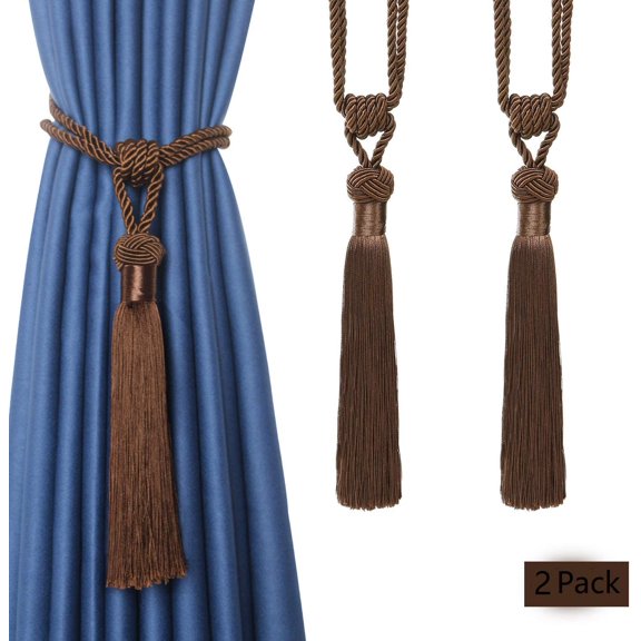 ABCISI Long Tassel Curtain Tiebacks, Handmade Braided Rope Knot Drape Tiebacks, Decorative Curtain Holdbacks for Home & Office Window Drapery (Dark Coffee, 2 Pack)