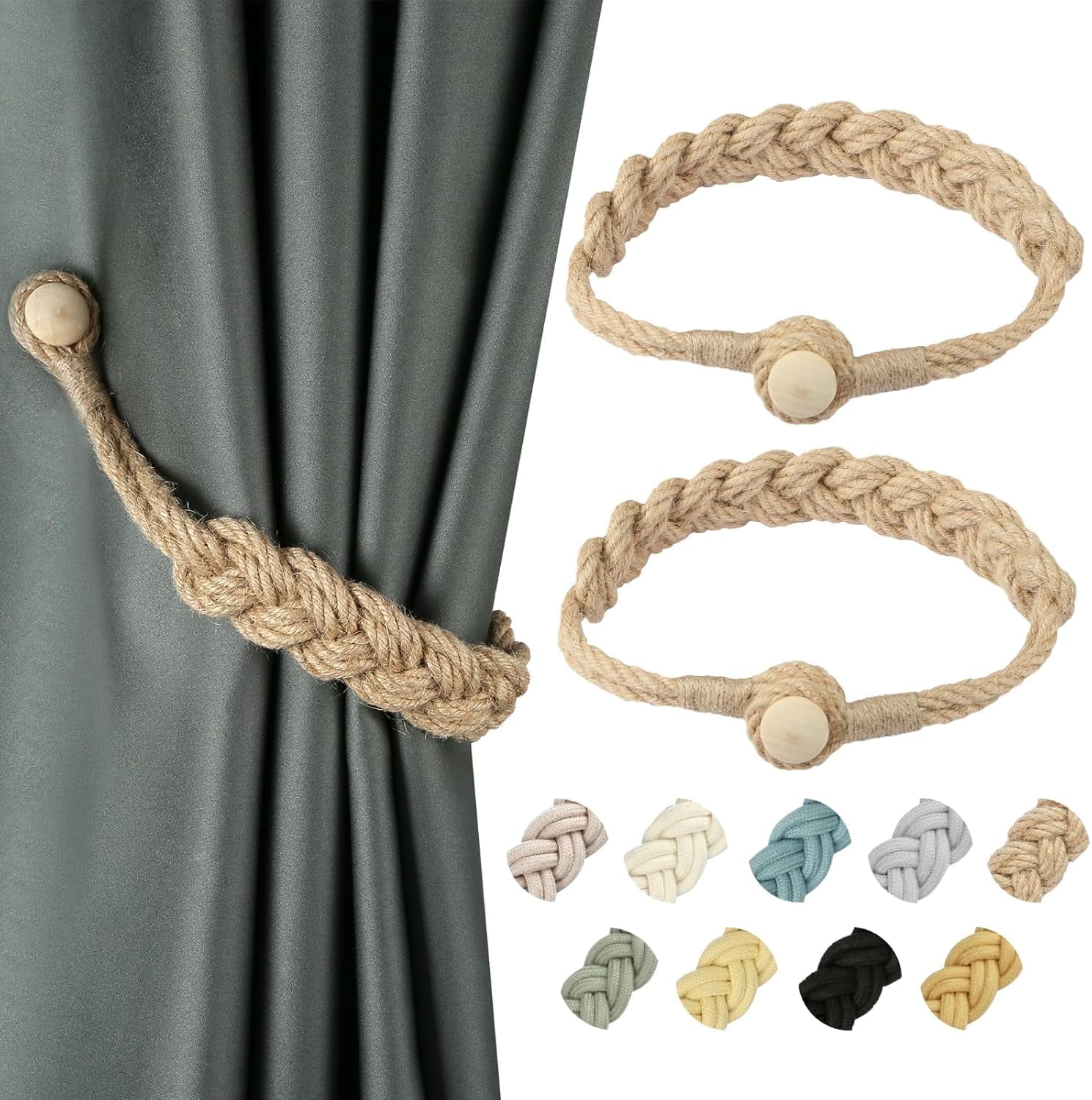 BEL AVENIR Jute Curtain Tiebacks Magnetic Woven Curtain Holdback ...