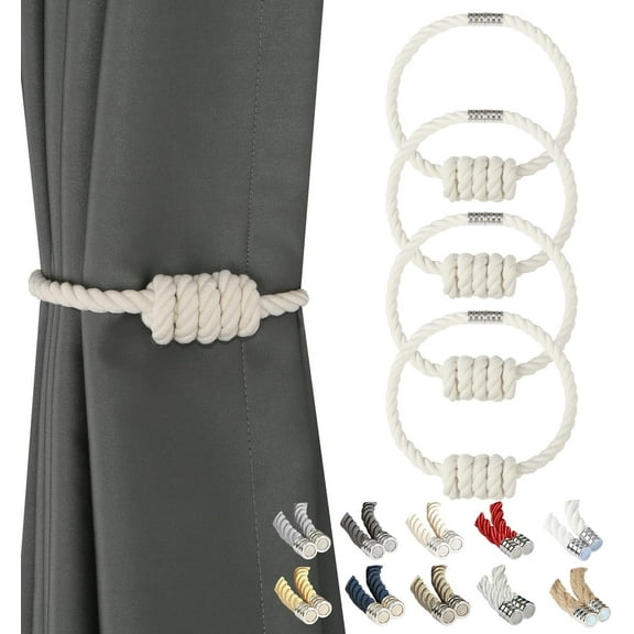 BEL AVENIR Magnetic Cotton Curtain Tiebacks, Decorative Drapery Holdbacks Bohemian Style Woven Tie-Backs with Exquisite Knot (Cotton, 4 Pack)