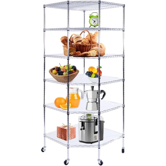 BELANITAS Corner Wire Shelf,6 Tier Corner Shelving Unit,Adjustable Height Shelving Units and Storage,Large Corner Shelf with Wheels for Kitchen/Garage,Silver