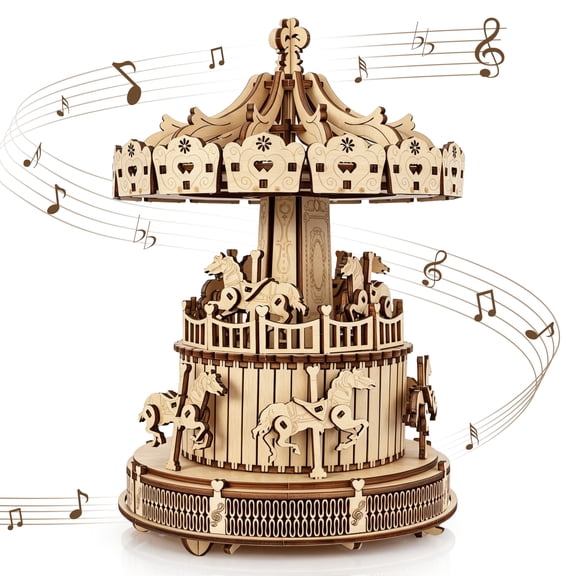 BELEEV 3D Wooden Puzzle Carousel Music Box,DIY Wood Model Kit with Moving Horses,11.6" Self-Assembling Craft,No Glue Required,Nostalgic Home Decor Display,Unique Christmas Gift for Adults Teens