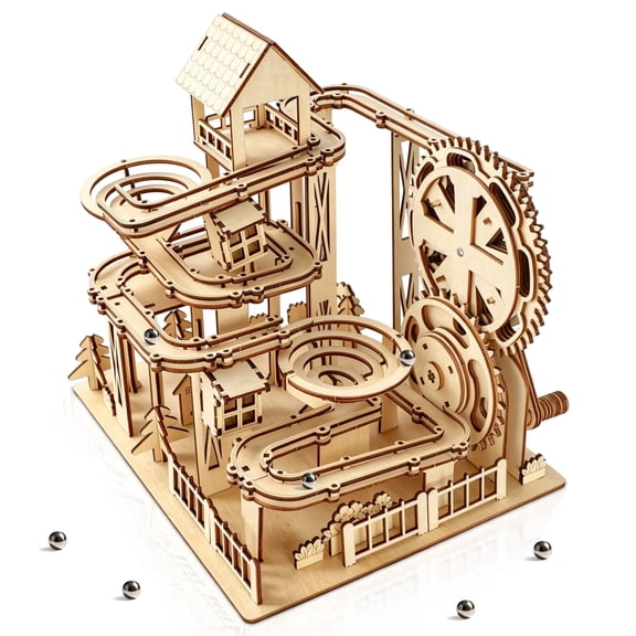BELEEV 3D Wooden Castle Marble Run Puzzle,DIY Wood Craft Kit,Motorized Gear Marble Track,Laser-Cut,Glue-Free Assembly,Rotating Mechanical Model for Adults & Teens,Home Decor Christmas Gift