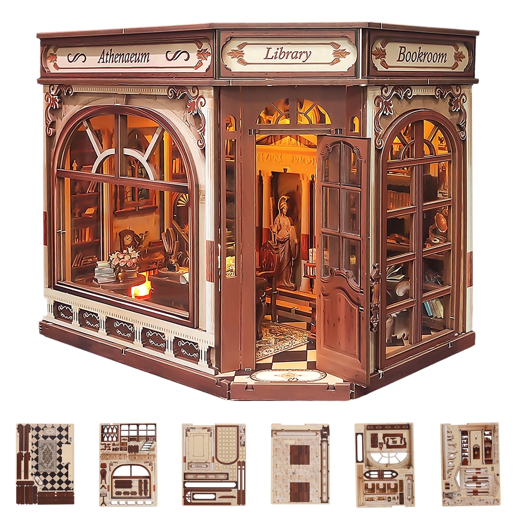 BELEEV Book Nook Kit,DIY Miniature Wooden Booknook with LED Lights,Openable Door 3D Puzzle,Bookshelf Decor Gift for Adults Teens - Athena's Library