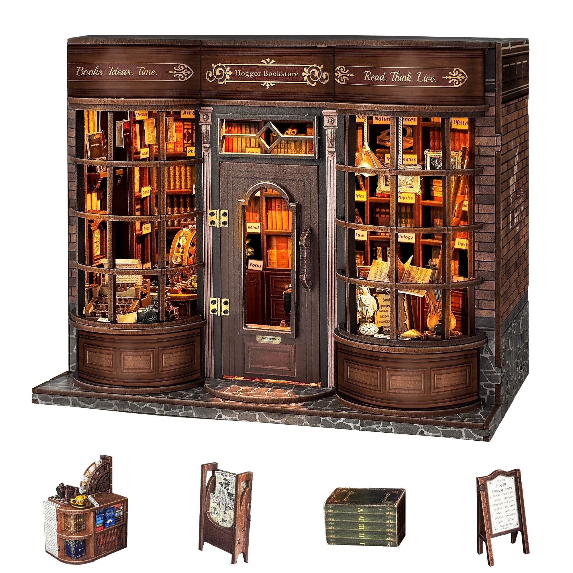 BELEEV Book Nook Kit,DIY 3D Wooden Puzzle Miniature Dollhouse with LED,Tiny House Craft Model for Adults,Bookshelf Decor Gift for Handicraft Enthusiast Birthday - Hoggor Bookstore