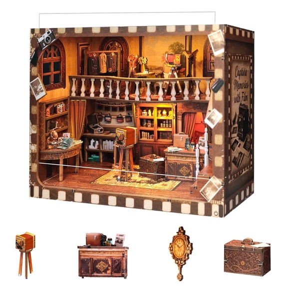 BELEEV Book Nook Kit,DIY 3D Wooden Puzzle with LED Lights and Dust Cover,Miniature House Model Kit for Adults Teens,Bookshelf Decor Gift - Vintage Photo Studio