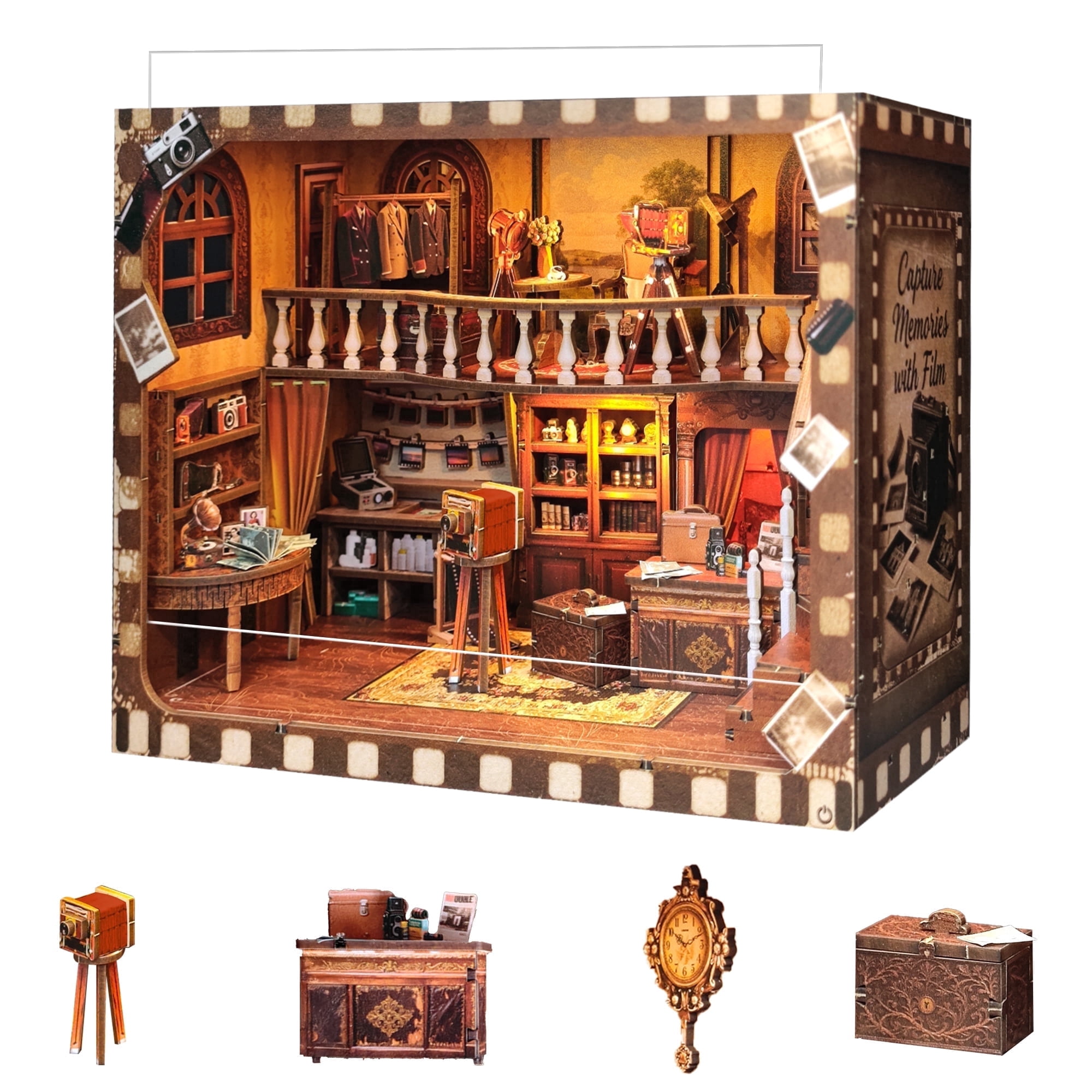 BELEEV Book Nook Kit,DIY 3D Wooden Puzzle with LED Lights and Dust Cover,Miniature House Model Kit for Adults Teens,Bookshelf Decor Gift - Vintage Photo Studio