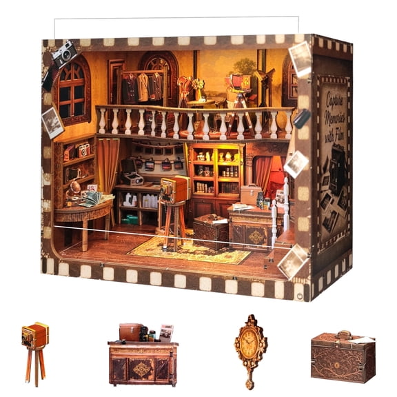 BELEEV Book Nook Kit,DIY 3D Wooden Puzzle with LED Lights and Dust Cover,Miniature House Model Kit for Adults Teens,Bookshelf Decor Gift - Vintage Photo Studio