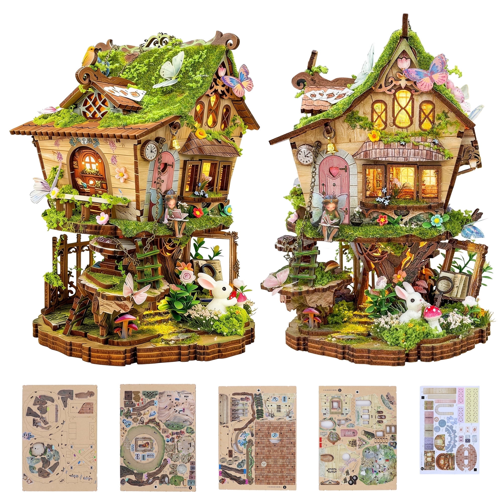 BELEEV 3D Wooden Puzzle Model Building Kit, Miniature House Kit with LED Light, Fantasy Tree House Book Nook Kit for Adults, Dollhouse Bookshelf Decor, Creative DIY Crafts Gift for Teens Adults