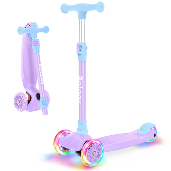 BELEEV Scooters for Kids 3 Wheel Kick Scooter for Toddlers, 4 Adjustable Height, Light up Wheels, Easy to Assemble for Children Girls Boys Ages 3-12, Purple