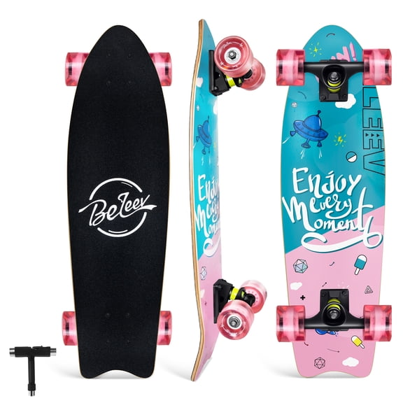 BELEEV Cruiser Skateboards for Beginners, 7 Ply Canadian Maple Double Kick Deck Concave Skateboard with Skate T-Tool, 27 x 8 inch Complete Skateboard for Kids Teens Adults, Pink