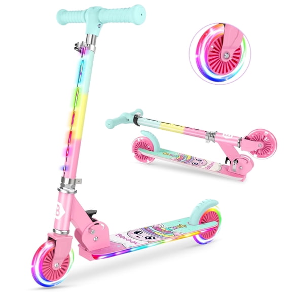 BELEEV V2 Scooters for Kids with Light-Up Wheels & Stem & Deck, 2 Wheel Folding Scooter for Girls Boys, 3 Adjustable Height, Lightweight Kick Scooter for Children Ages 3-12, Pink