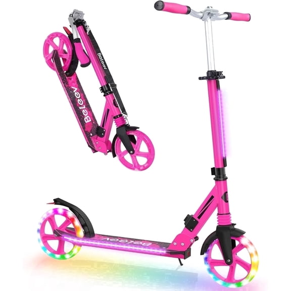BELEEV Scooters for Kids Ages 6+ with Light-Up Deck, 2 Wheel Folding Scooter for Adults Teens, 4 Adjustable Height, Lightweight Sport Commuter Scooter, Rose Pink