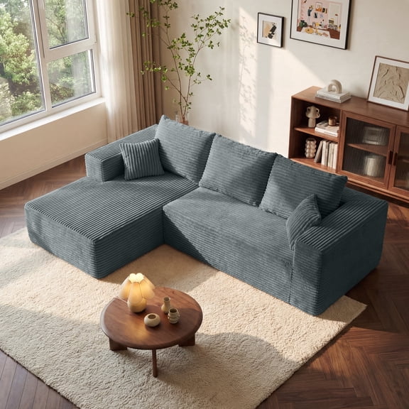 BELHOME 108" L-Shaped Sectional Sofa Boneless Couch, Modular Cloud Couch 50D High-Resilience Foam Compression Sofa, No Assembly Required, Corduroy Deep Seat Sofa for Living Room Apartment