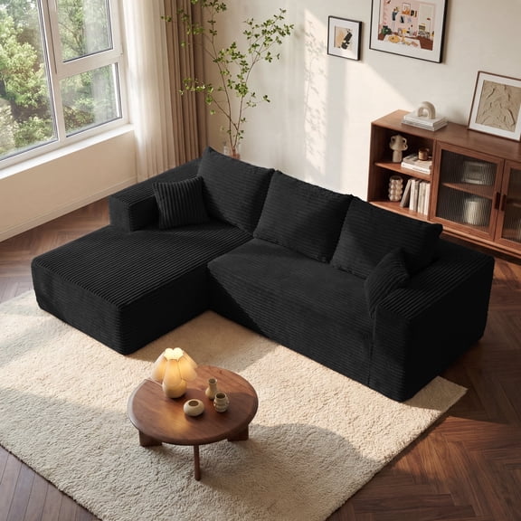 BELHOME 108" L-Shaped Sectional Sofa Boneless Couch, Modular Cloud Couch 50D High-Resilience Foam Compression Sofa, No Assembly Required, Corduroy Deep Seat Sofa for Living Room Apartment