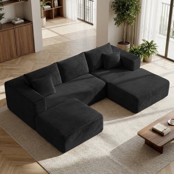 BELHOME 108" U-Shaped Sectional Sofa Boneless Couch, Modular Cloud Couch 50D High-Resilience Foam Compression Sofa, No Assembly Required, Corduroy Deep Seat Sofa for Living Room Apartment