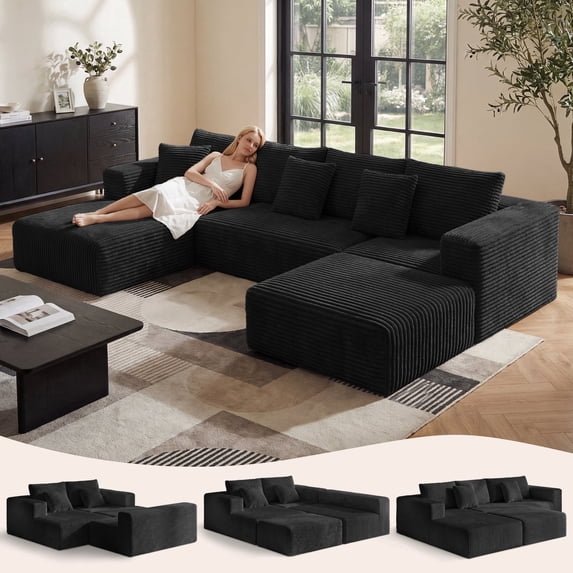 BELHOME 134" U-Shaped Sectional Sofa Boneless Couch, Modular Cloud Couch 50D High-Resilience Foam Compression Sofa, No Assembly Required, Corduroy Deep Seat Sofa for Living Room Apartment
