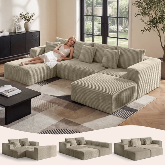 BELHOME 134" U-Shaped Sectional Sofa Boneless Couch, Modular Cloud Couch 50D High-Resilience Foam Compression Sofa, No Assembly Required, Corduroy Deep Seat Sofa for Living Room Apartment
