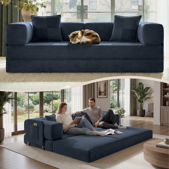 BELHOME 5-in-1 Convertible Sofa Bed, 78.8" Sleeper Sofa Boneless Couch with Side Pockets, Folding Floor Sofa Compression Sofa for Living Rooms No Assembly Required