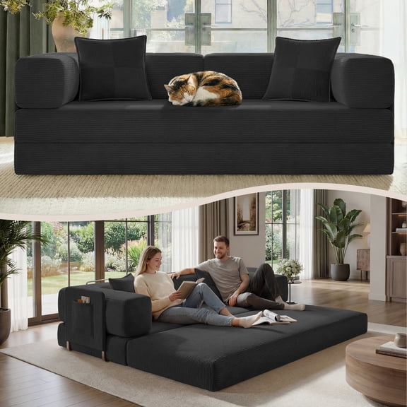 BELHOME 5-in-1 Convertible Sofa Bed, 78.8" Sleeper Sofa Boneless Couch with Side Pockets, Folding Floor Sofa Compression Sofa for Living Rooms No Assembly Required
