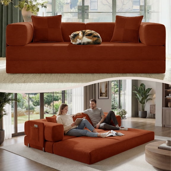 BELHOME 5-in-1 Convertible Sofa Bed, 78.8" Sleeper Sofa Boneless Couch with Side Pockets, Folding Floor Sofa Compression Sofa for Living Rooms No Assembly Required