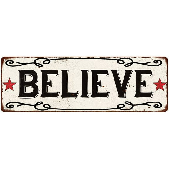 BELIEVE Country Style w/Red Stars Vintage Look Metal Sign 6x18 206180078019