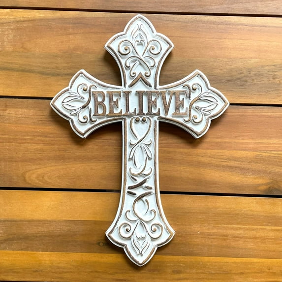 "BELIEVE" White Wall Cross with Scrolls - 12.5 X 9.0" Antique Style Art Wall Decor