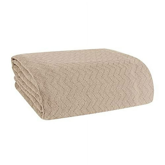 BELIZZI HOME 100% Cotton Bed Blanket, Breathable Thermal Blanket Full - Queen Size, Soft Chevron 90''x90'', Perfect for Layering Any All Season, Beige