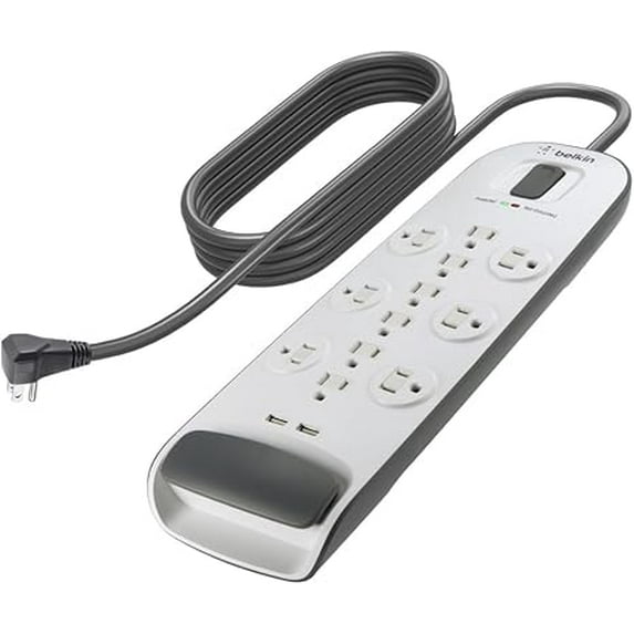 Belkin USB Power Strip Surge Protector - 12 AC Multiple Outlets & 2 USB Ports - 6 ft Long Flat Plug Extension Cord for Home, Office, Travel, Computer Desktop & Charging Brick - White (3,996 Joules)
