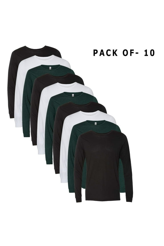 BELLA + CANVAS - 10 Pack T-Shirt | 3.8 Oz./yd², 50/25/25 Polyester/Cotton/Rayon | Mix Color Long Sleeve Tee - M Size