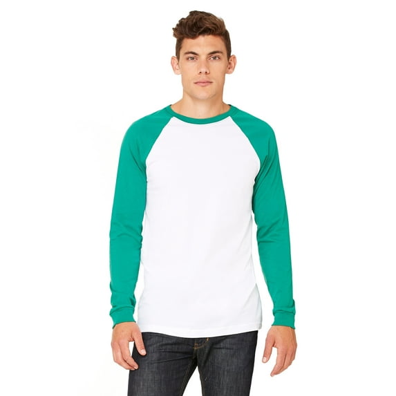 BELLA + CANVAS 3000C MEN'S JERSEY LONGSLEEVE BASEBALL TSHIRT, S, White/ Kelly