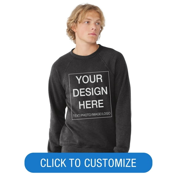 BELLA+CANVAS Adult Crew Neck Personalized Fleece Raglan Long Sleeve T-Shirt, Create your own Designs, Dark Grey Heather, Extra Large, Unisex