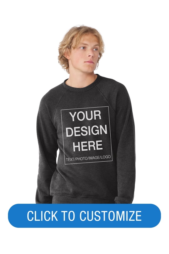 Adult Crew Neck Personalized Fleece Raglan Long Sleeve T-Shirt, Create your own Designs, Dark Grey Heather, Large, Unisex