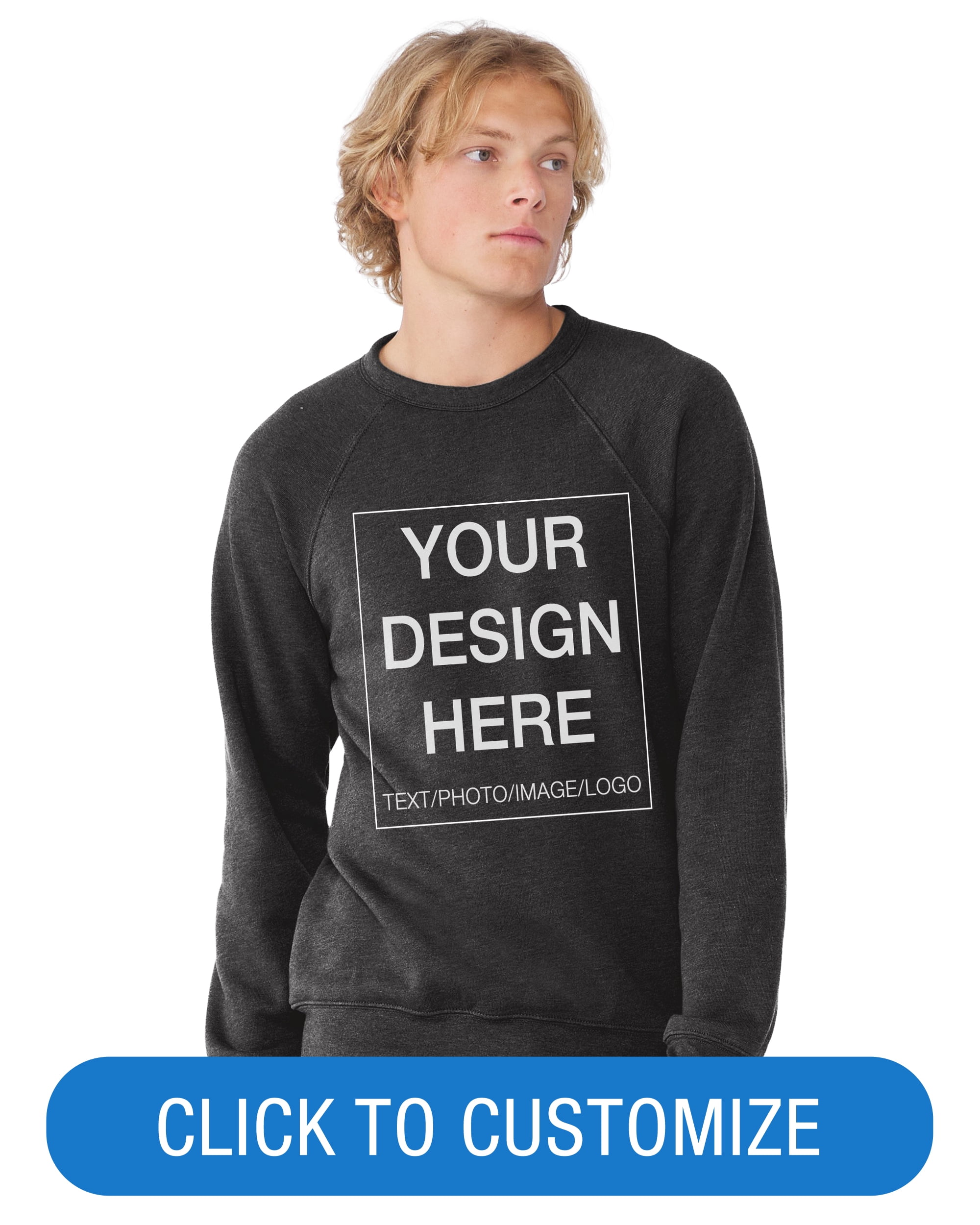 BELLA+CANVAS Adult Crew Neck Personalized Fleece Raglan Long Sleeve T-Shirt, Create your own Designs, Dark Grey Heather, XXlarge, Unisex