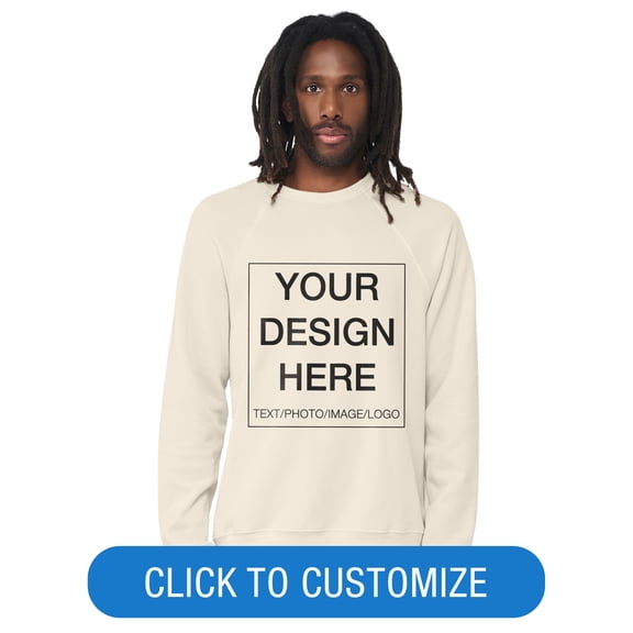 BELLA+CANVAS Adult Crew Neck Personalized Fleece Raglan Long Sleeve T-Shirt, Create your own Designs, Natural, Small, Unisex