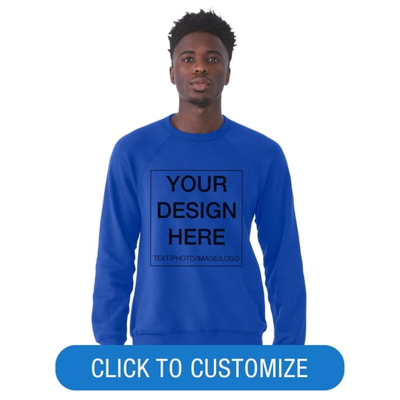 BELLA+CANVAS Adult Crew Neck Personalized Fleece Raglan Long Sleeve T-Shirt, Create your own Designs, True Royal, Large, Unisex