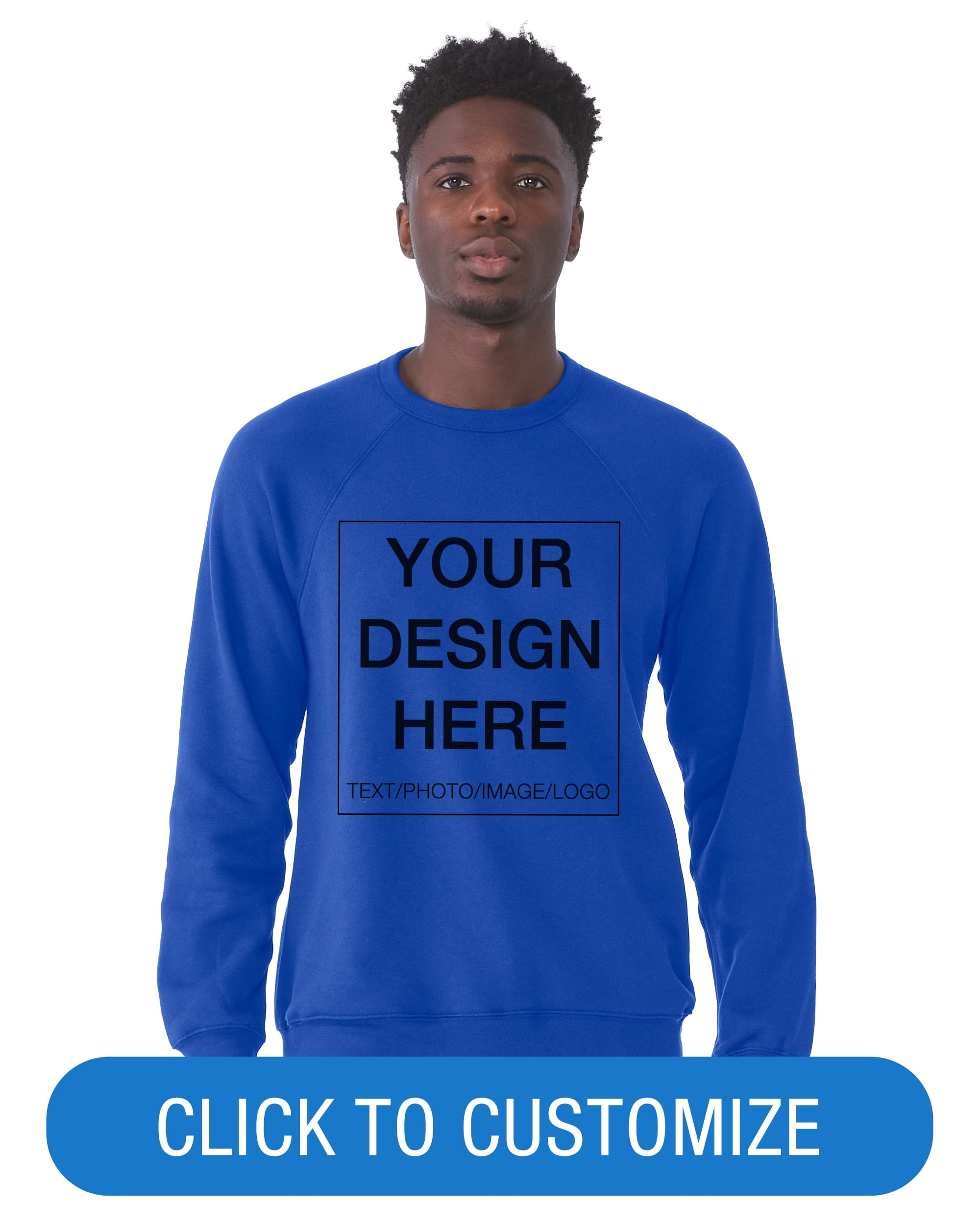 BELLA+CANVAS Adult Crew Neck Personalized Fleece Raglan Long Sleeve T-Shirt, Create your own Designs, True Royal, Small, Unisex