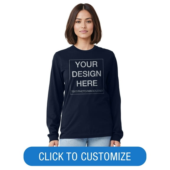 BELLA+CANVAS Adult Long Sleeve Personalized T-Shirt, Create Your Own Designs, Navy, Large, Unisex
